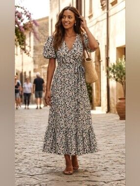 Greylin Anthropologie Gabi Puff Sleeve Floral Wrap Cotton Poplin Midi Dress